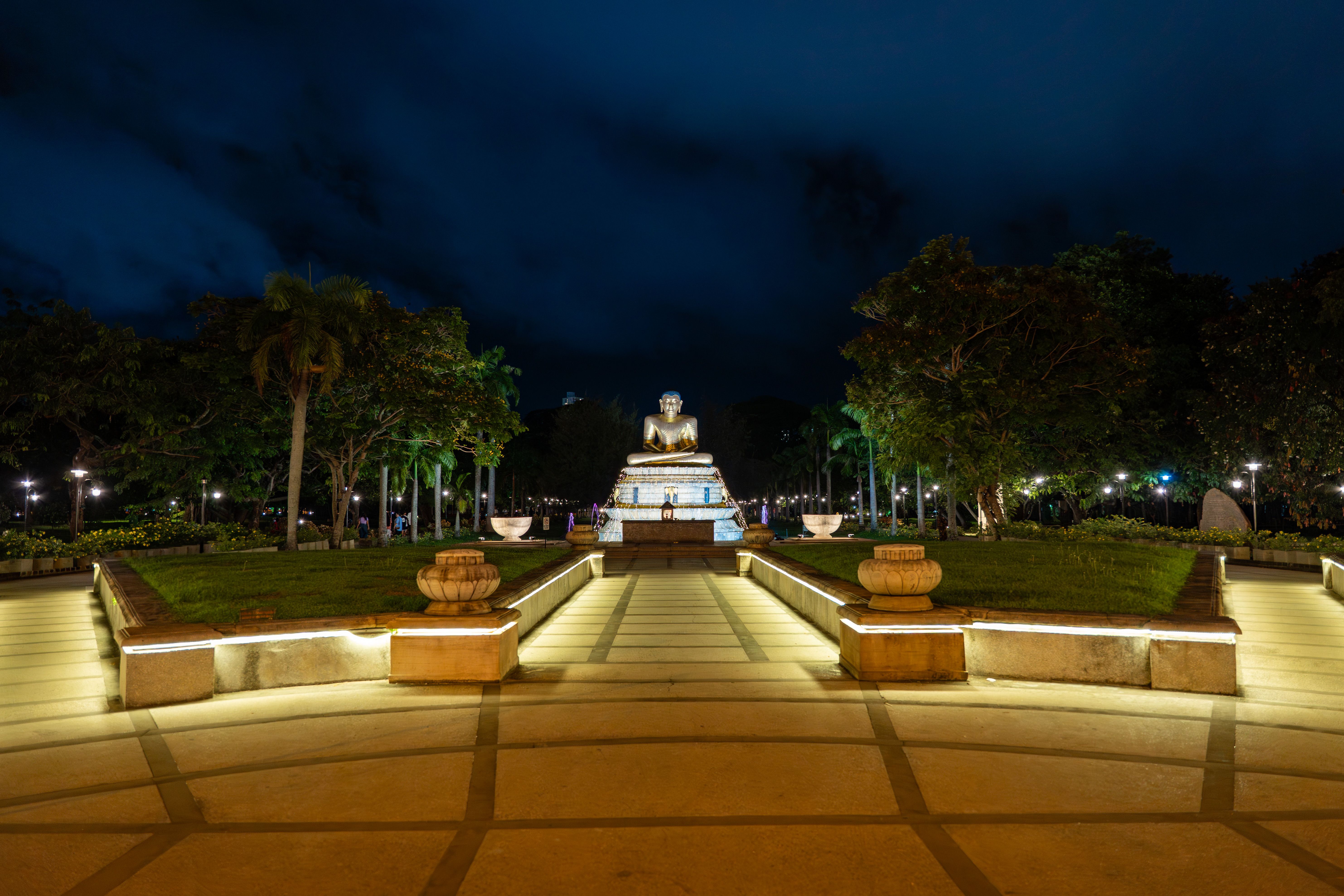 A serene nighttime view of an illuminated Buddha statue surrounded by lush greenery in Colombo, Sri Lanka.