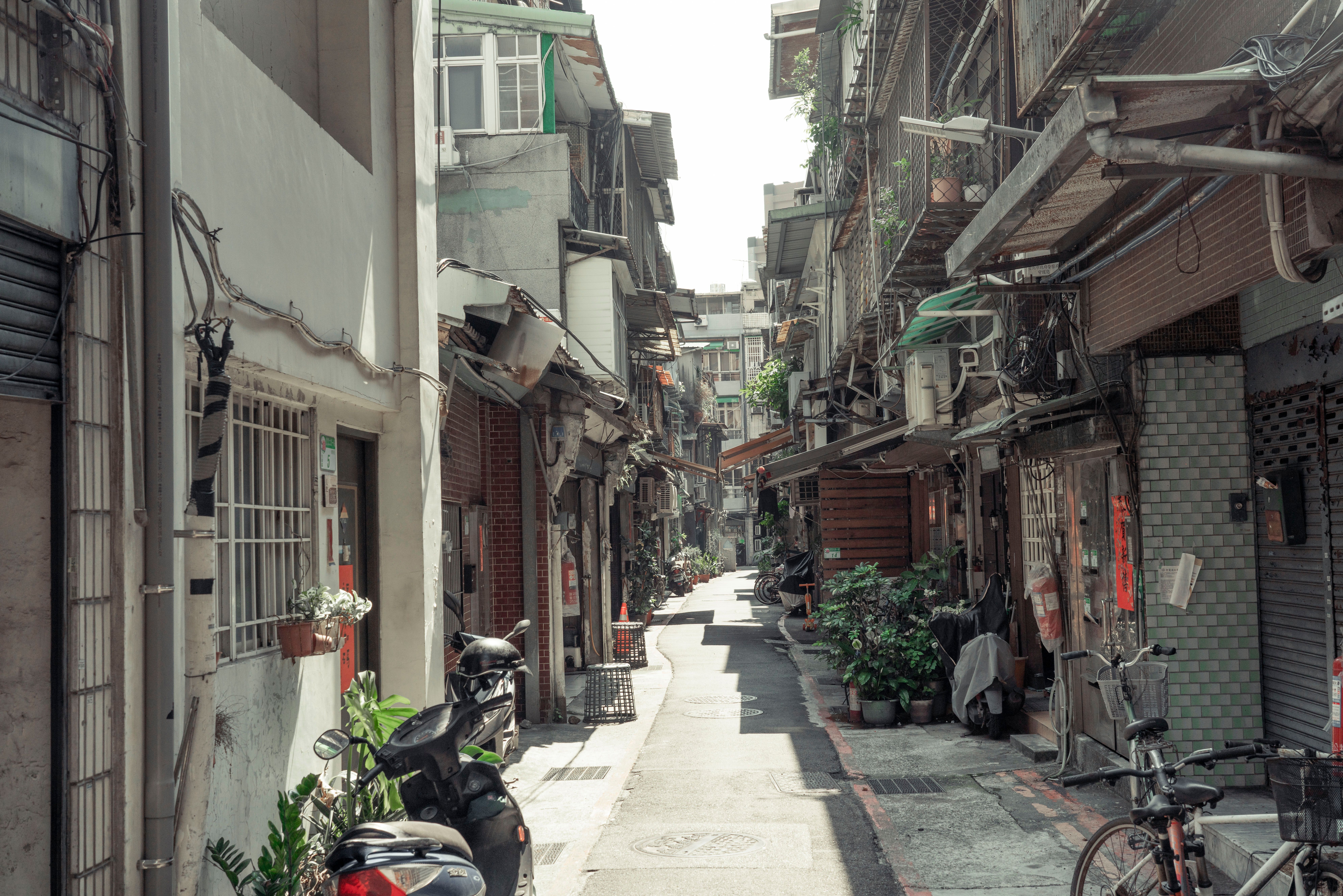 Quiet alleyway in a residential Bangkok neighborhood, with potted plants and a small shrine