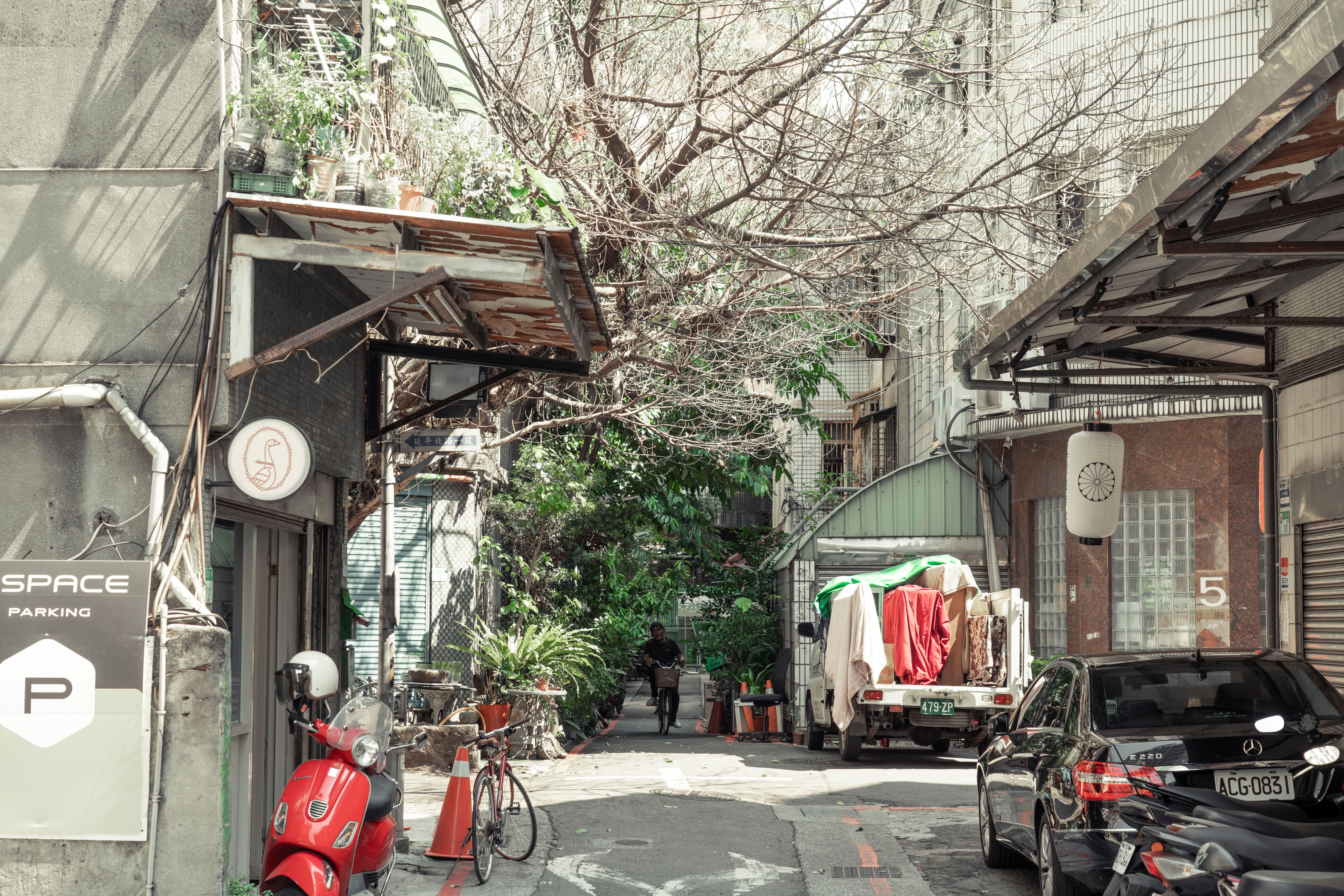 A quiet alleyway in Taipei featuring parked scooters, lush greenery, and urban architecture.