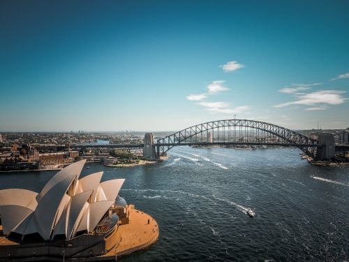 Free Stunning aerial shot of Sydney Opera House and Harbour Bridge under a clear blue sky. Stock Photo