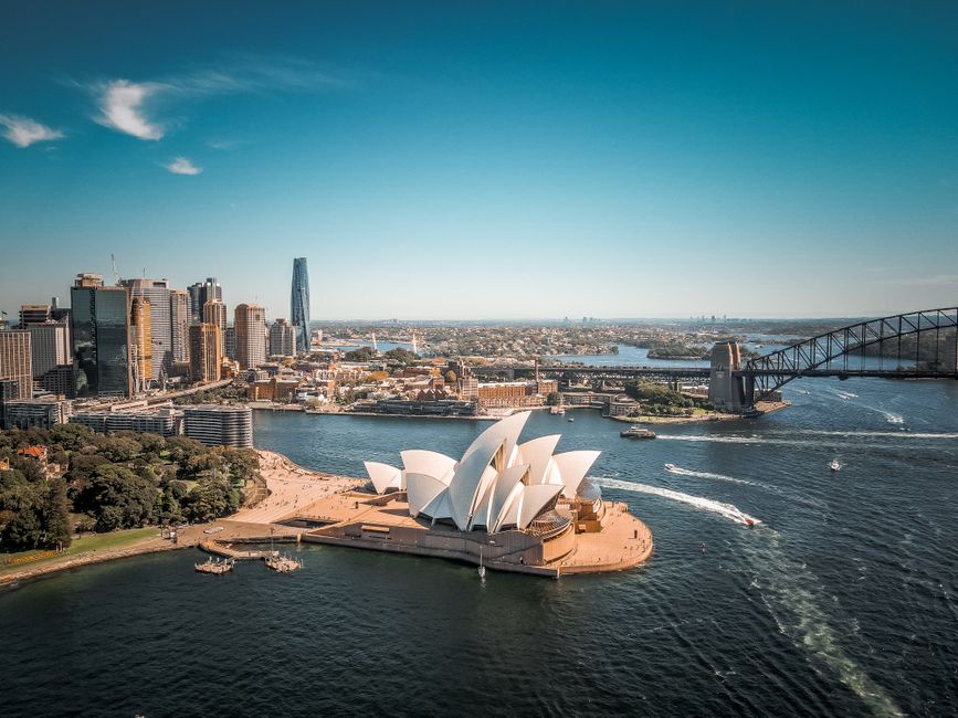 Sydney Harbour Scenic Helicopter Flight - Breathtaking aerial view of Sydney Opera House with surrounding skyline and Harbor Bridge.