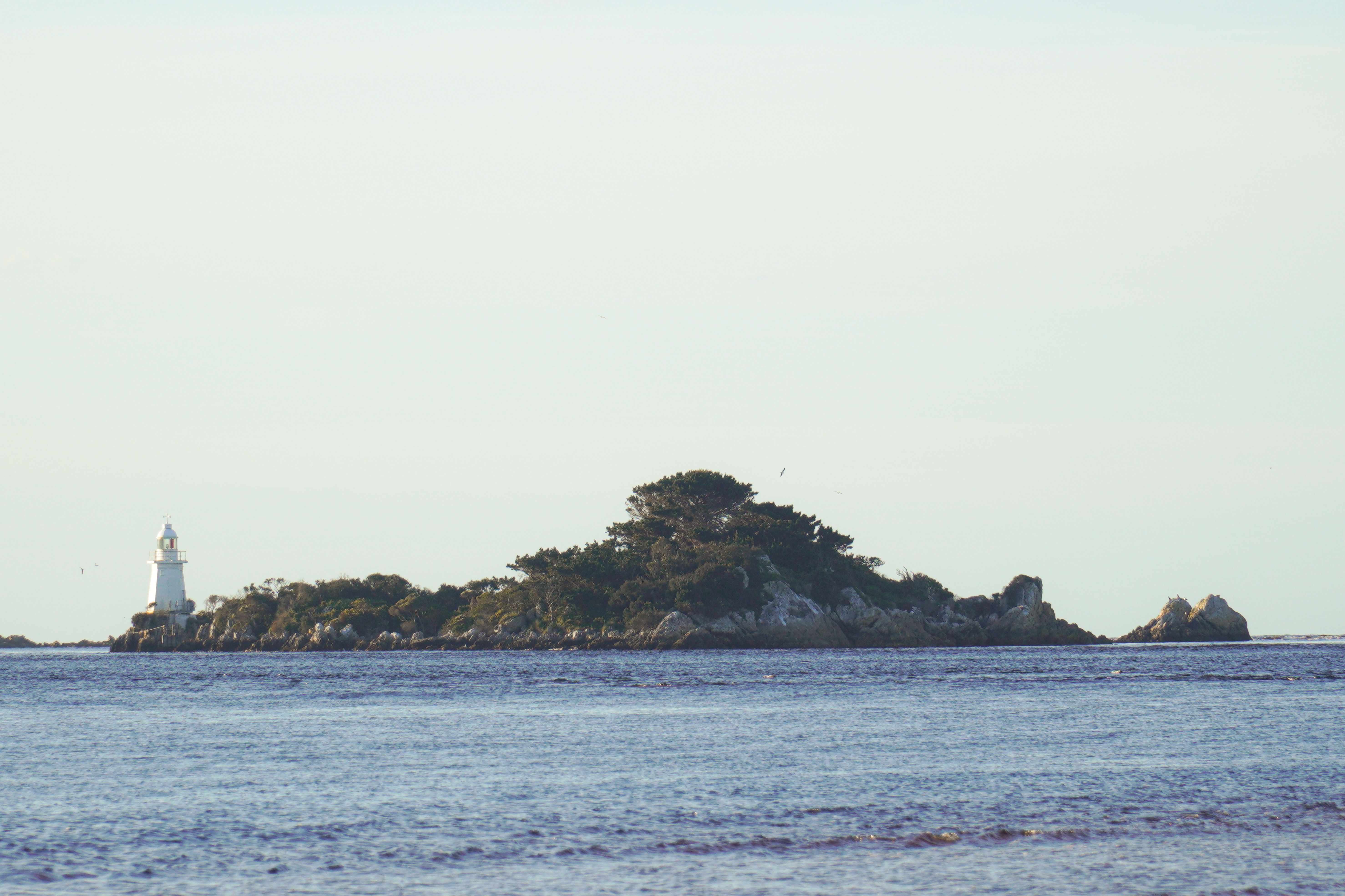 A serene view of Maatsuyker Island with its historic lighthouse off the coast of Tasmania, Australia.