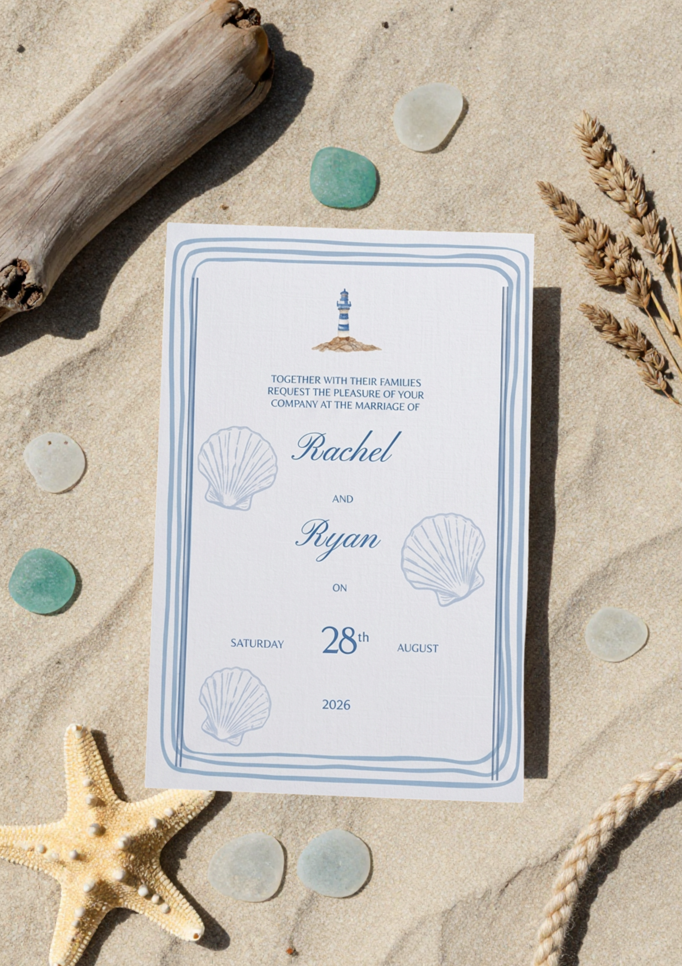 A wedding invitation featuring seashells and a lighthouse on a sandy beach.