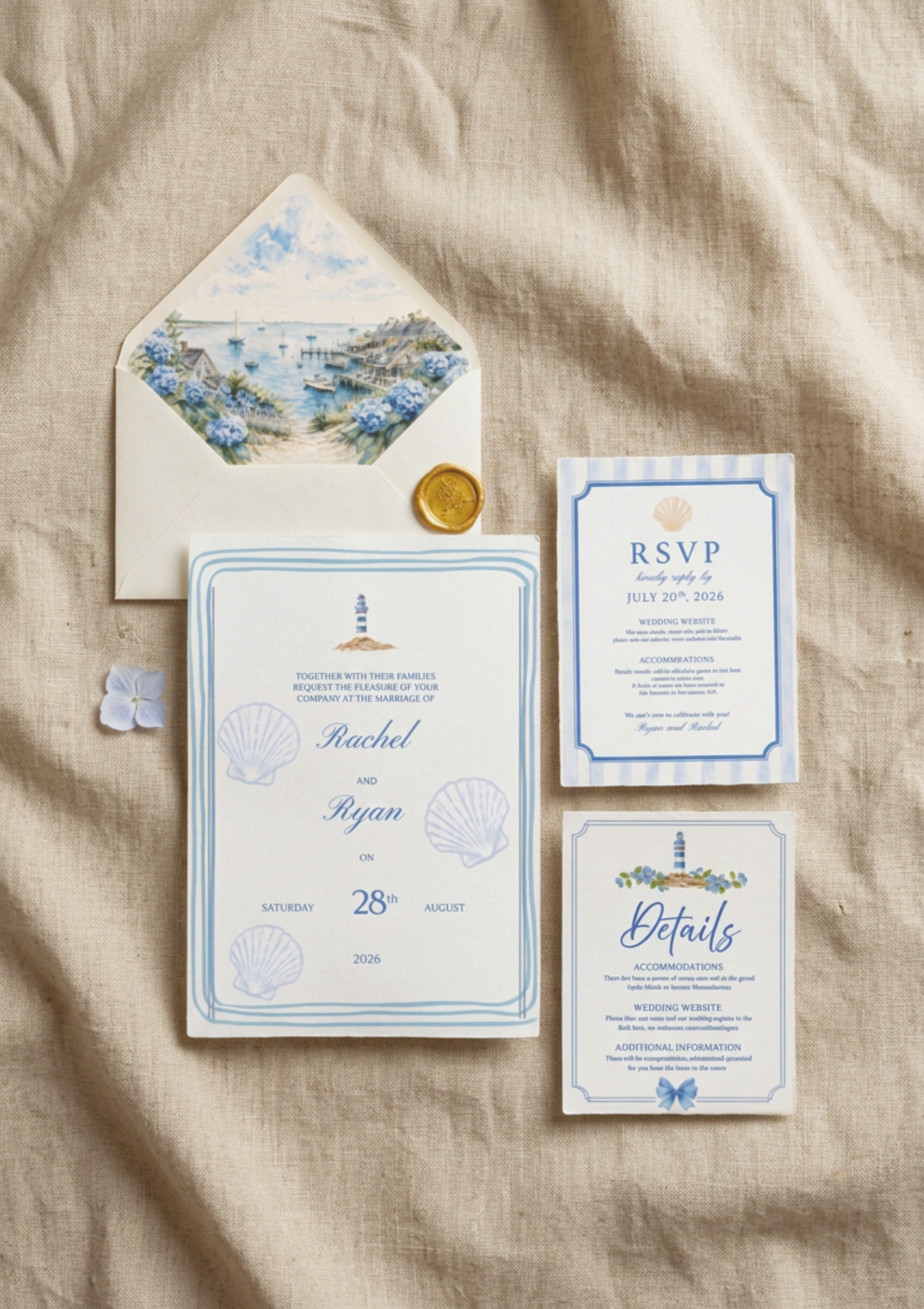 Beach-themed wedding invitation set with seashell design on linen backdrop.