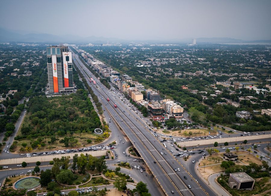 An aerial view of Islamabad Expressway showcasing the city's urban landscape and modern architecture.