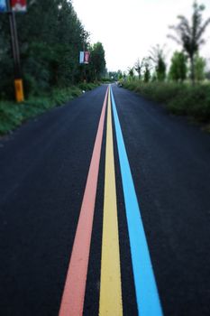 A vibrant road with unique red, yellow, and blue painted lines surrounded by greenery.