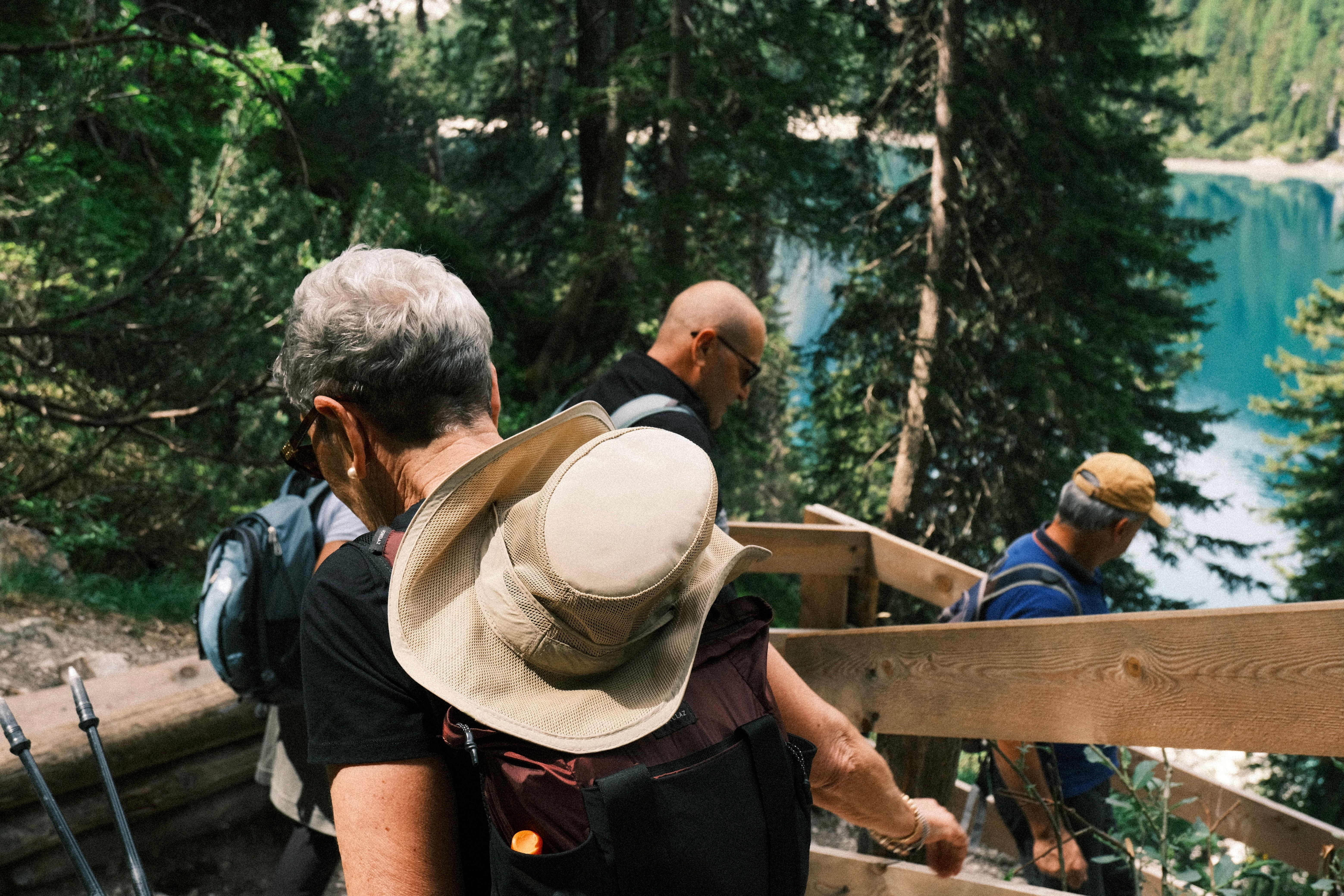 Group of senior adults hiking through a lush forest in Trentino-Alto Adige, Italy, during summer.