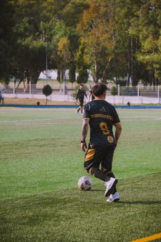 A soccer player in uniform dribbles the ball on a green turf field surrounded by trees.