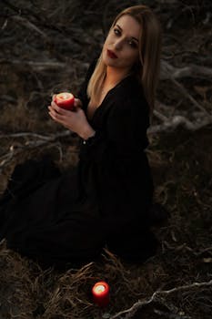 一名身穿深色服装的女子在户外手持红色蜡烛，营造出神秘的氛围