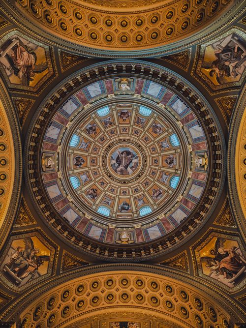 Free Intricate interior of St. Stephen's Basilica dome showcasing exquisite architectural details in Budapest, Hungary. Stock Photo