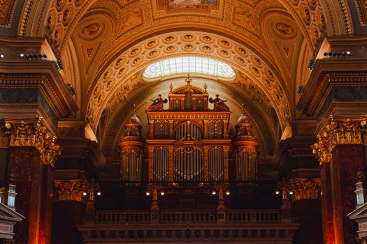 Intricate architectural details of St. Stephen's Basilica organ, Budapest.