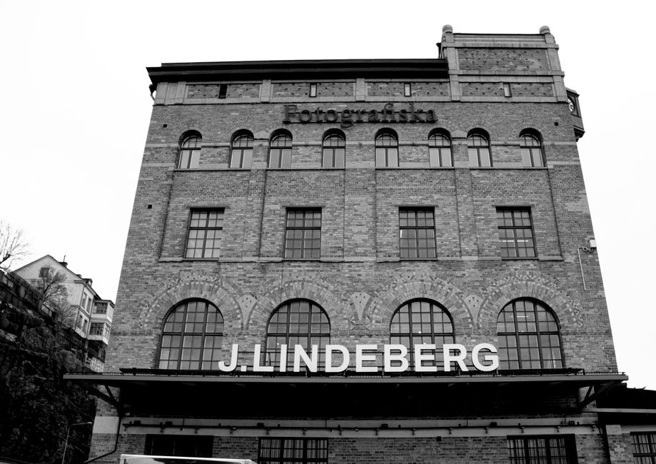 Black and white view of the iconic Fotografiska Museum in Stockholm.