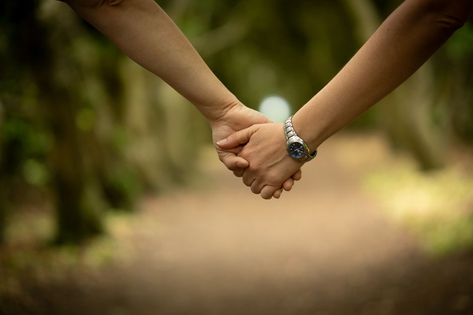 森の中で手をつないでいる二人は、愛と絆を象徴している。