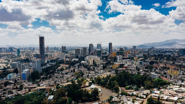 From above of scenery view of contemporary city with high multistage buildings and trees with mountains far away under sky with clouds in daylight