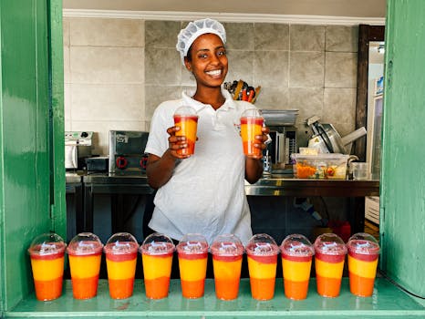 在室内果汁吧的柜台前，一位身穿白色马球衫的女子微笑着，手里拿着一杯充满活力的冰沙