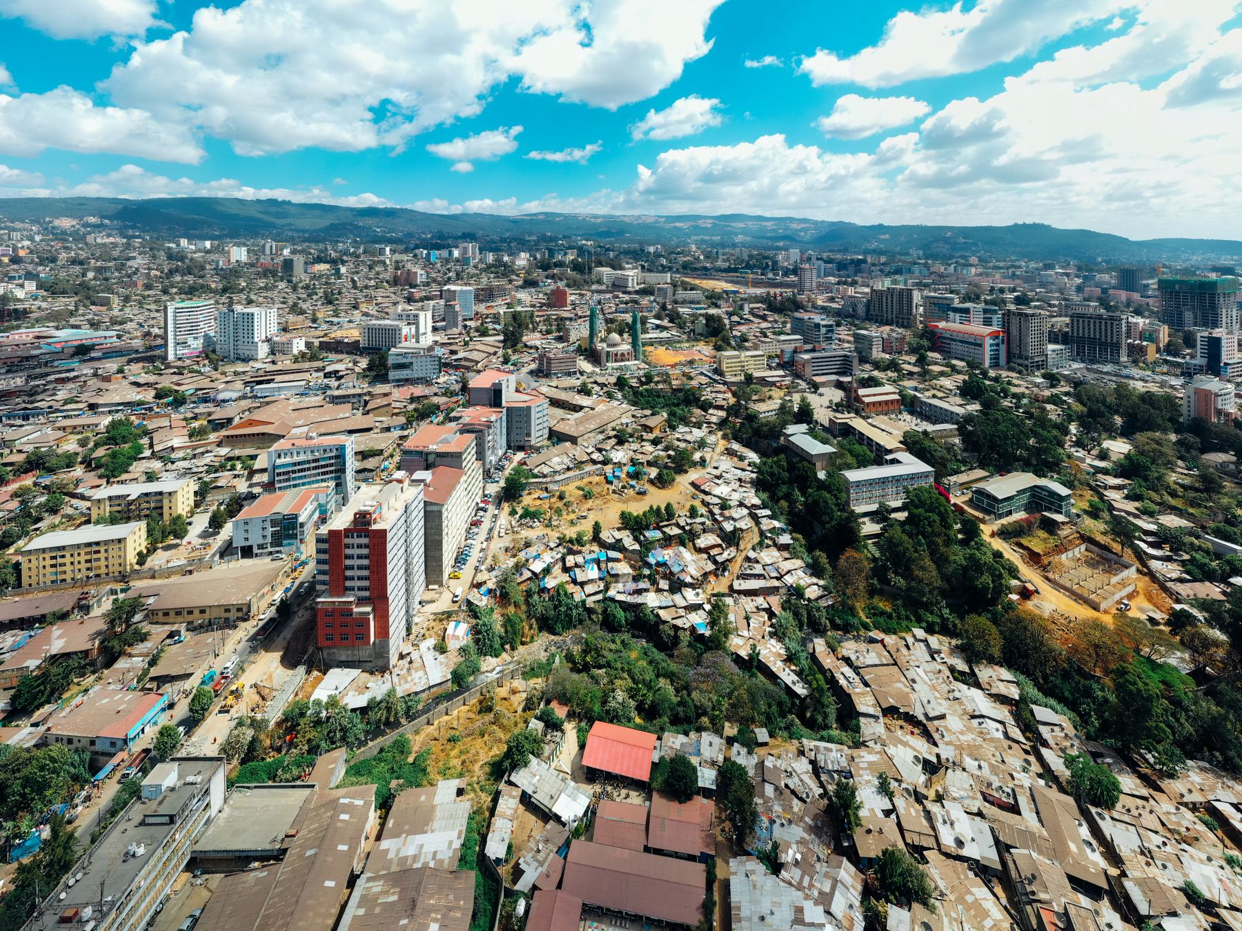 Aerial view of central Nairobi with the KICC tower and Uhuru Park