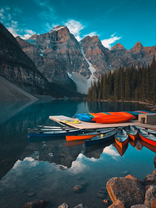 бесплатная коричнево белая лодка на озере возле деревьев и горы Стоковое фото