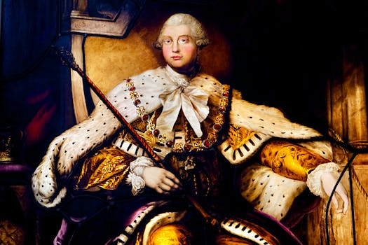 Detailed painting of King George III in ornate regalia, showcasing historical art.