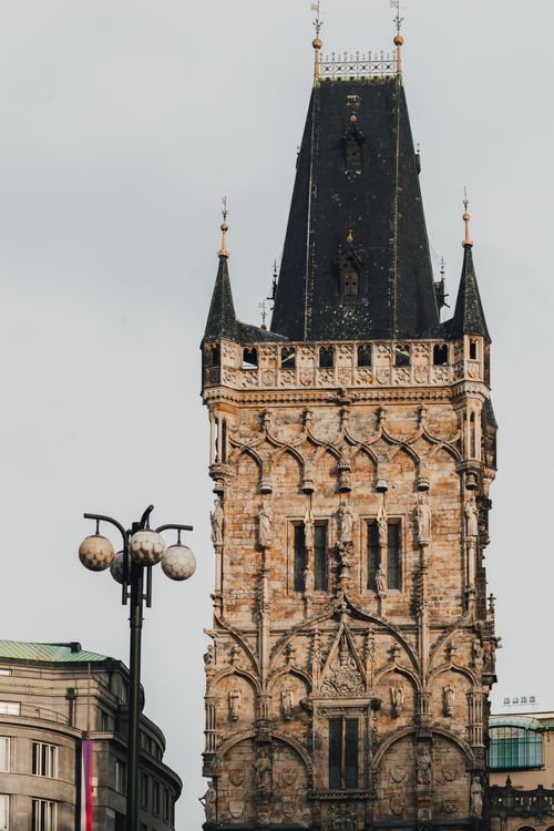 Free View of the iconic Powder Tower, a Gothic landmark in Prague, Czechia. Stock Photo
