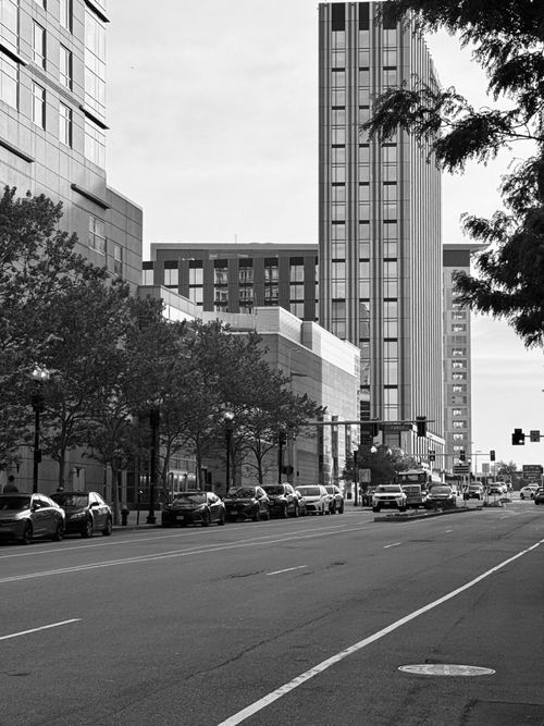 Free Black and white urban street view with tall buildings in Boston, Massachusetts. Stock Photo
