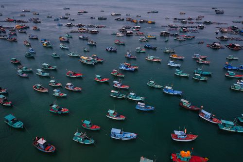 Free Aerial shot of colorful fishing boats in a bustling Vietnamese harbor, showcasing maritime life. Stock Photo
