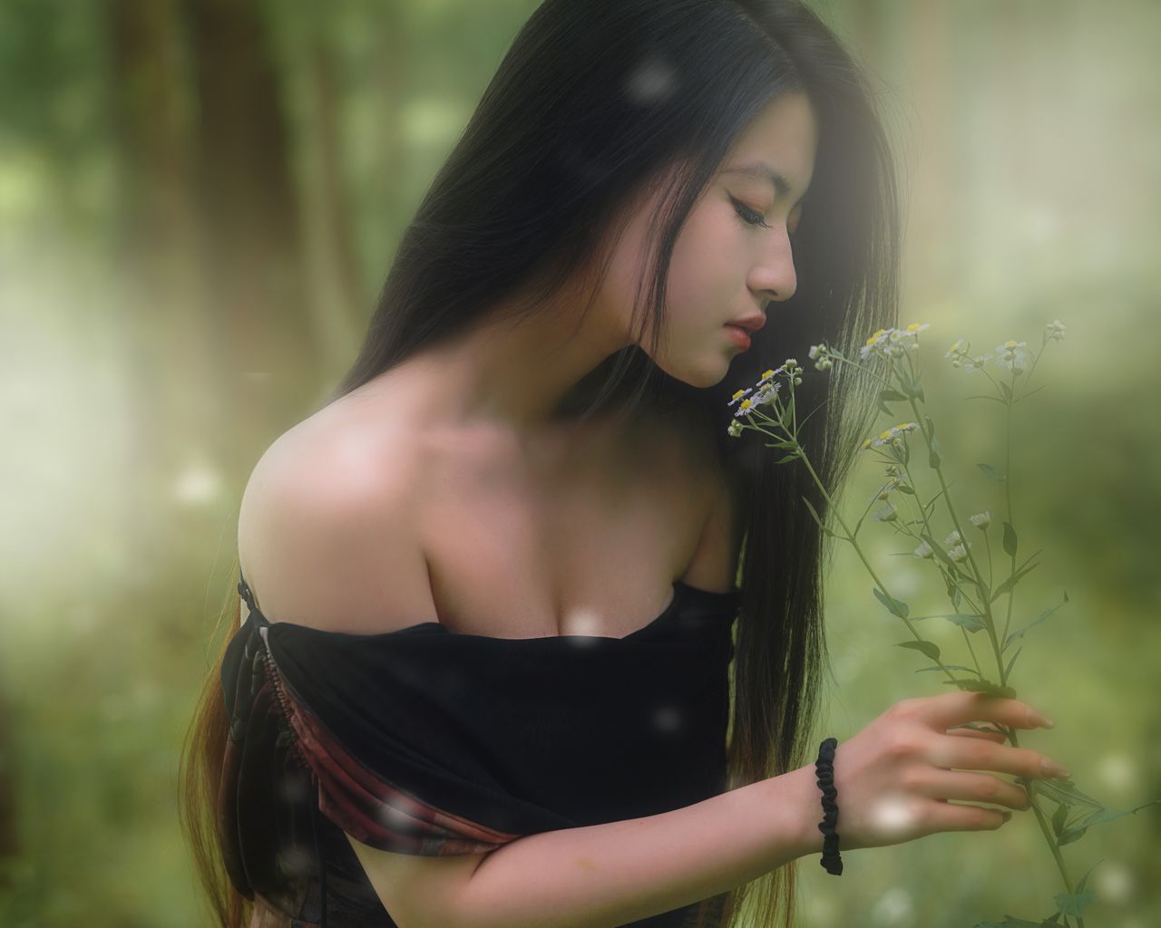 a serene scene of a woman in the forest admiring flowers evoking peace