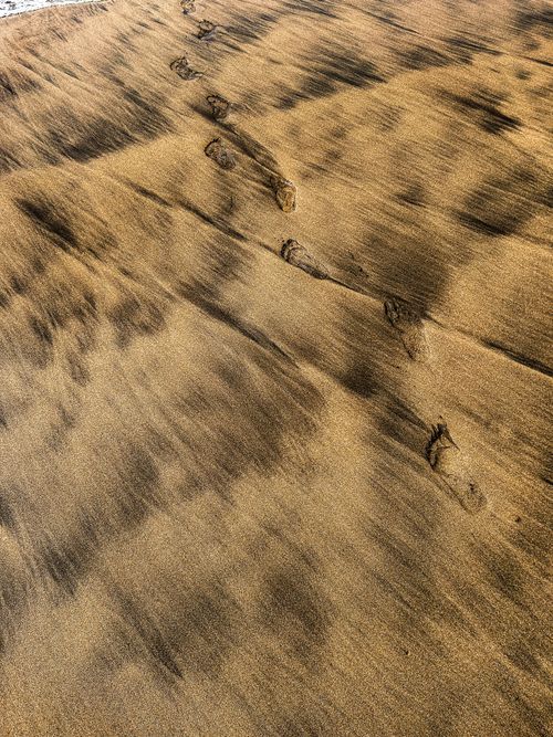 Free Footprints creating a pattern on a windswept beach shoreline. Stock Photo