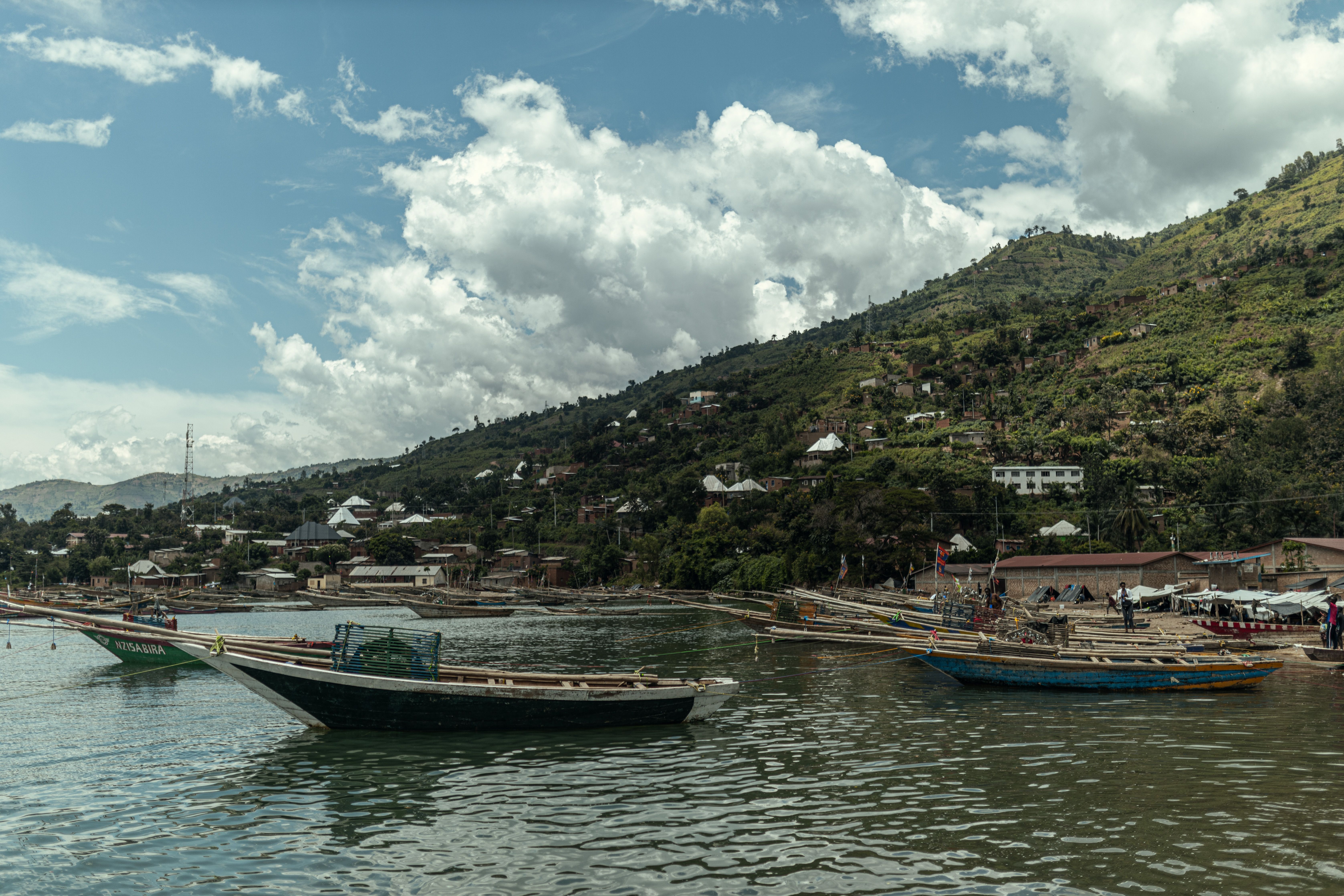 Tranquil lakeside village with fishing boats, Burundi