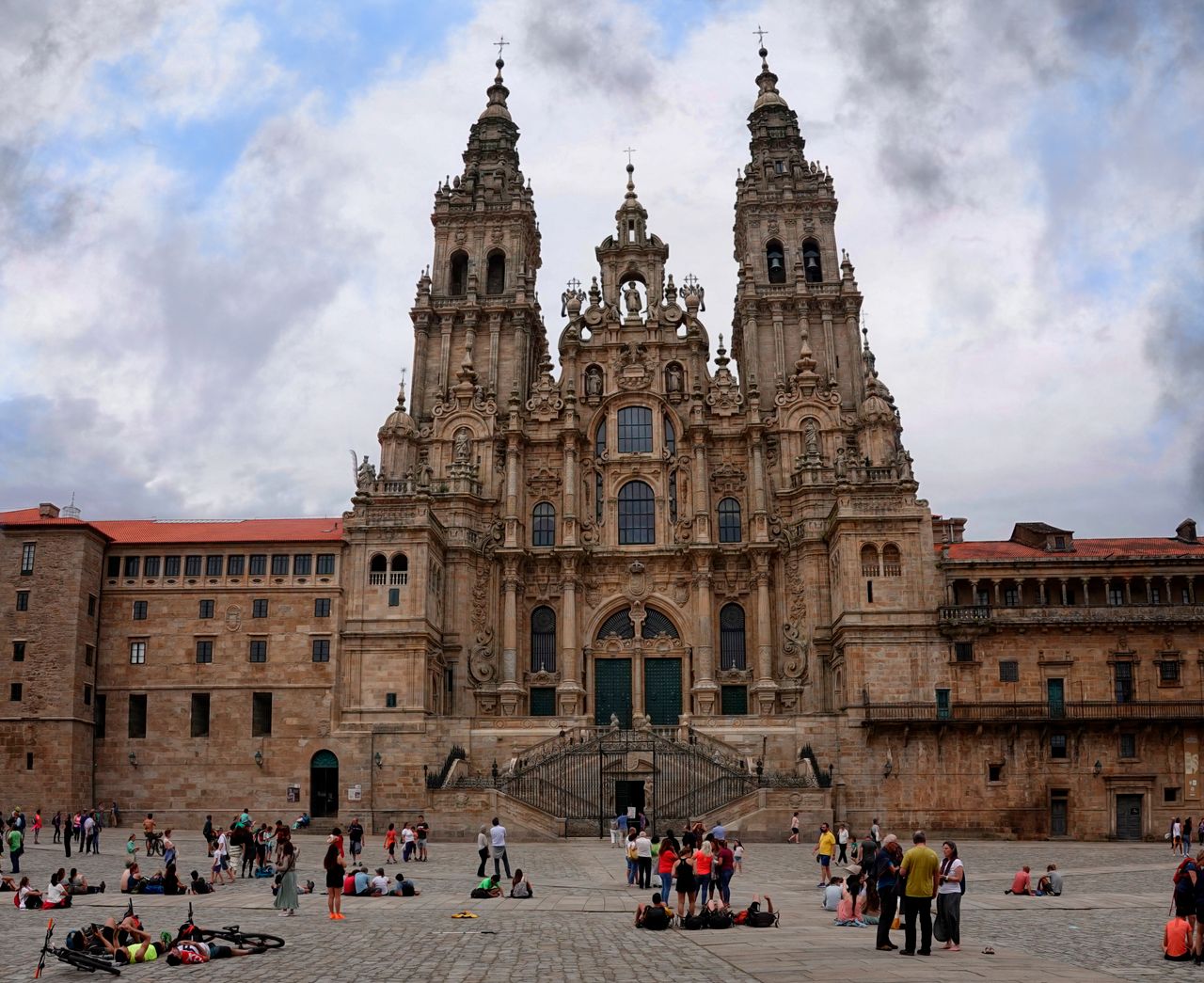 The Baroque west front of the Cathedral of Santiago de Compostela rising over the Obradoiro square, journey's end for every pilgrim who walks the Camino