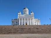 Elevated view of Helsinki Cathedral against a clear blue sky during day in Finland.
