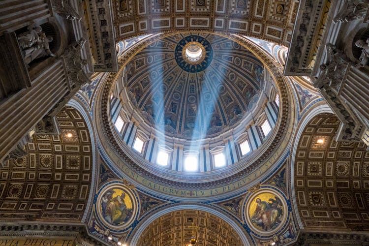 Old Church Interior With Cupola And Frescoes On Walls