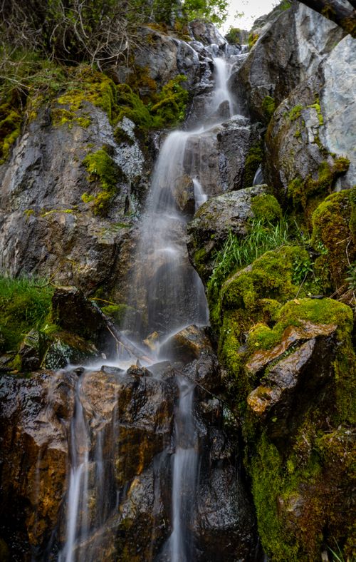 Free A picturesque waterfall cascading over mossy rocks in a serene forest setting in Nevada. Stock Photo