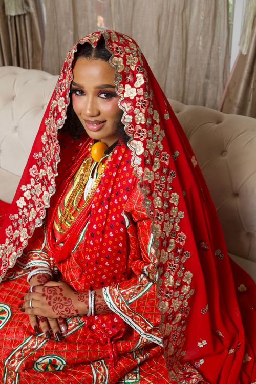 Free A stunning Nigerian bride adorned in elegant red traditional attire with intricate henna designs and gold jewelry. Stock Photo