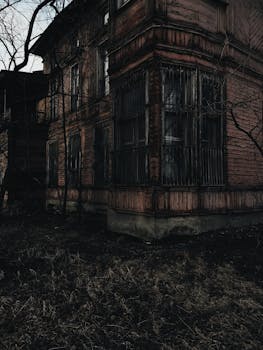 在宁静的天空下，一栋老旧的木屋静静矗立在草地和干枯树枝旁，它有着一扇大窗户