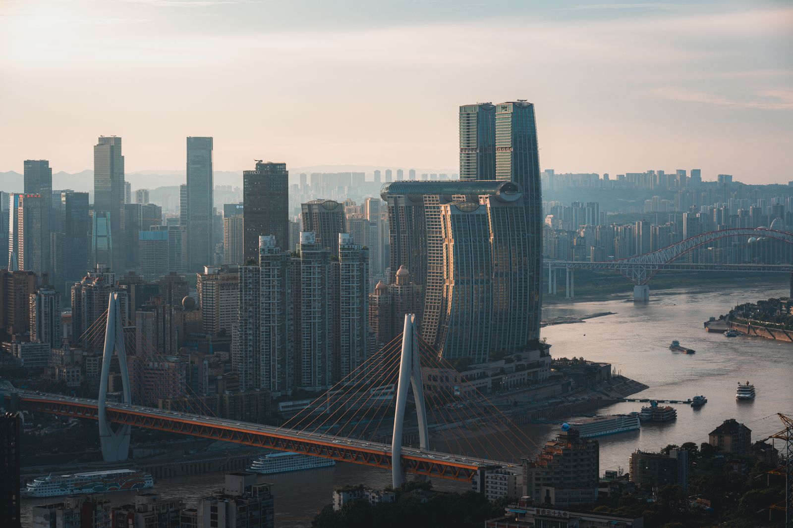Chongqing city aerial monorail Yangtze river confluence