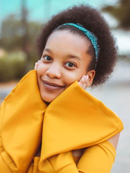 一位开朗的女人，留着非洲式发型，身穿黄色上衣，在户外热情地微笑着