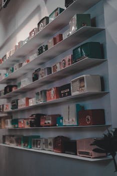 室内陈列架上整齐地排列着各种老式收音机，捕捉着怀旧与复古的魅力