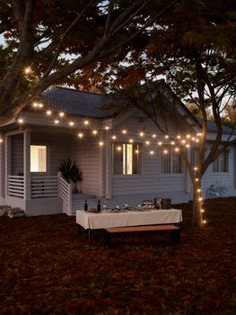 Charming evening outdoor dining setup under string lights and autumn leaves.