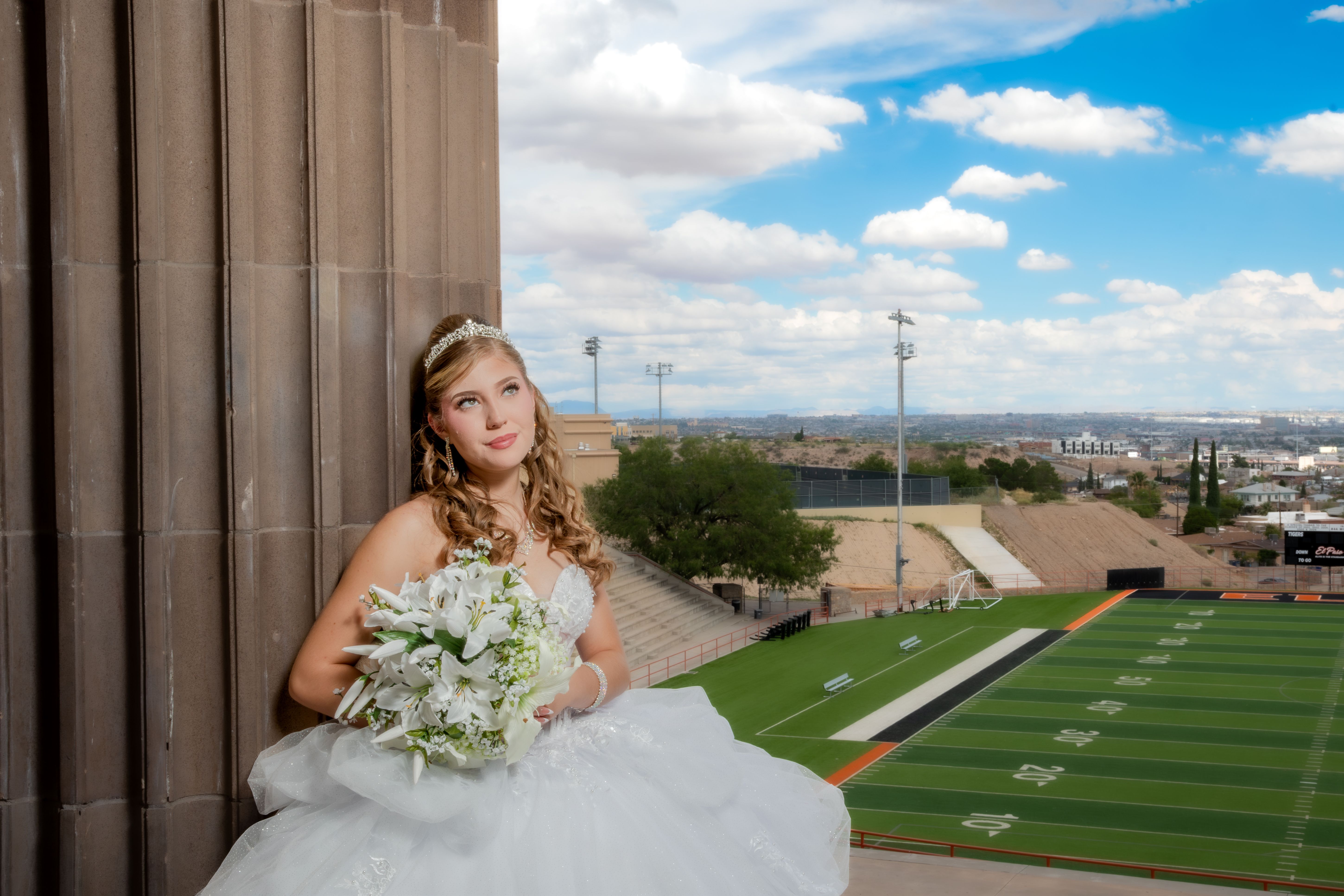 A bride in a white gown holds a bouquet with a scenic stadium and city view in the background.