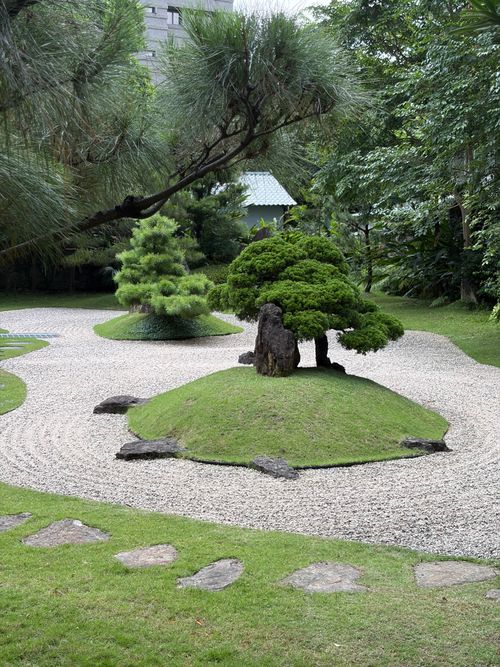 Free Tranquil Japanese Zen garden with manicured gravel paths and lush greenery in Taipei. Stock Photo