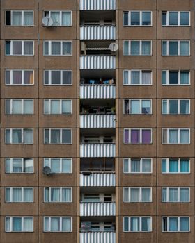 Close-up of a Plattenbau building facade in Berlin, Germany.