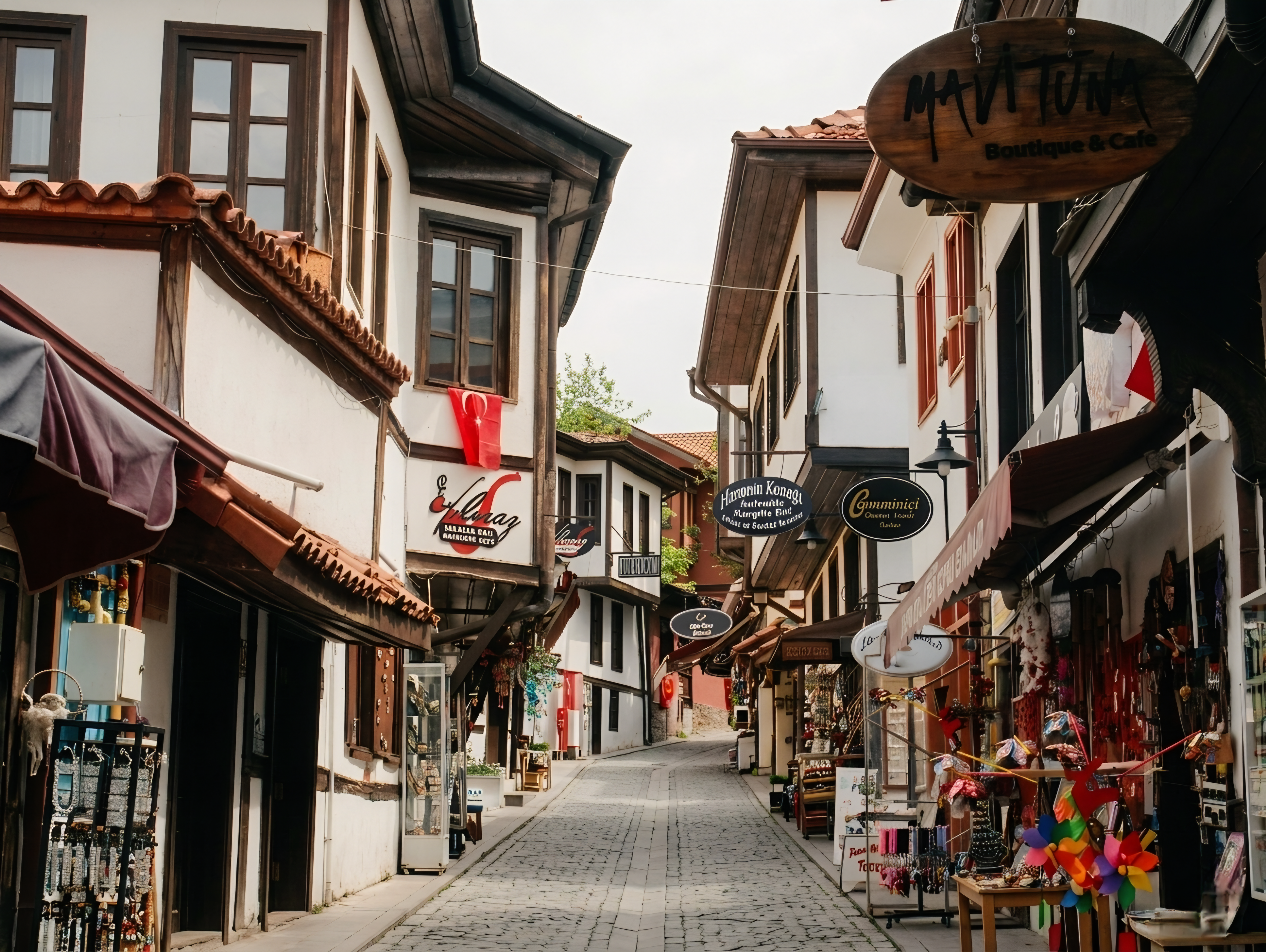 Discover a quaint cobblestone street lined with traditional Turkish architecture and vibrant shops.