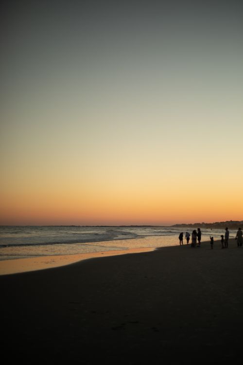 Free Silhouetted family at the shoreline during a warm summer sunset on Folly Beach, South Carolina. Stock Photo