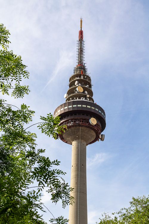 Free View of the Telefónica Tower in Madrid with a clear blue sky. Stock Photo