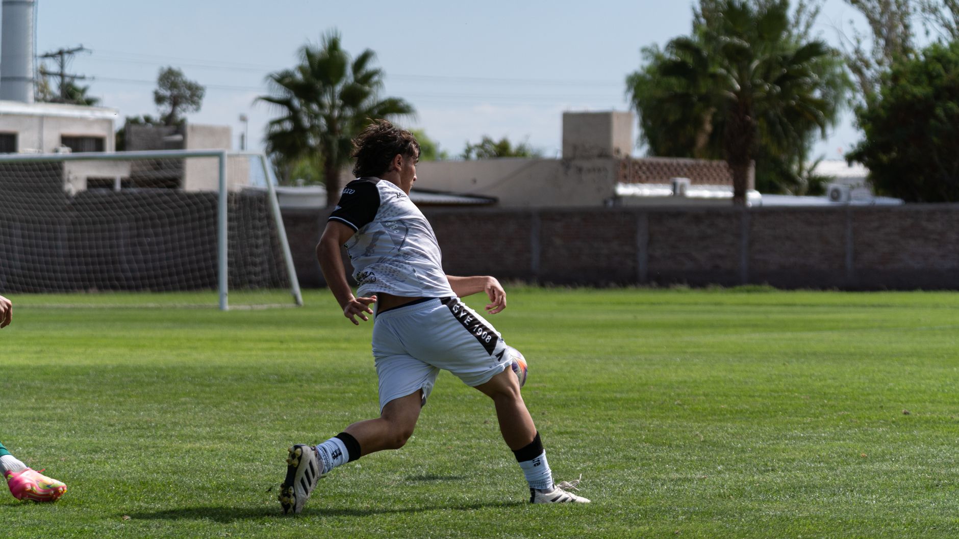 Young soccer players engaged in an outdoor match on a sunny day.
