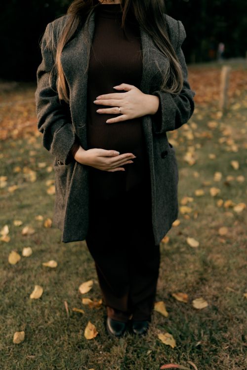 Free Pregnant woman in autumn setting holding her belly, symbolizing motherhood and anticipation. Stock Photo