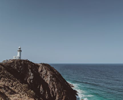 Scenic view of Cape Byron Lighthouse on the cliffs of Byron Bay, Australia.