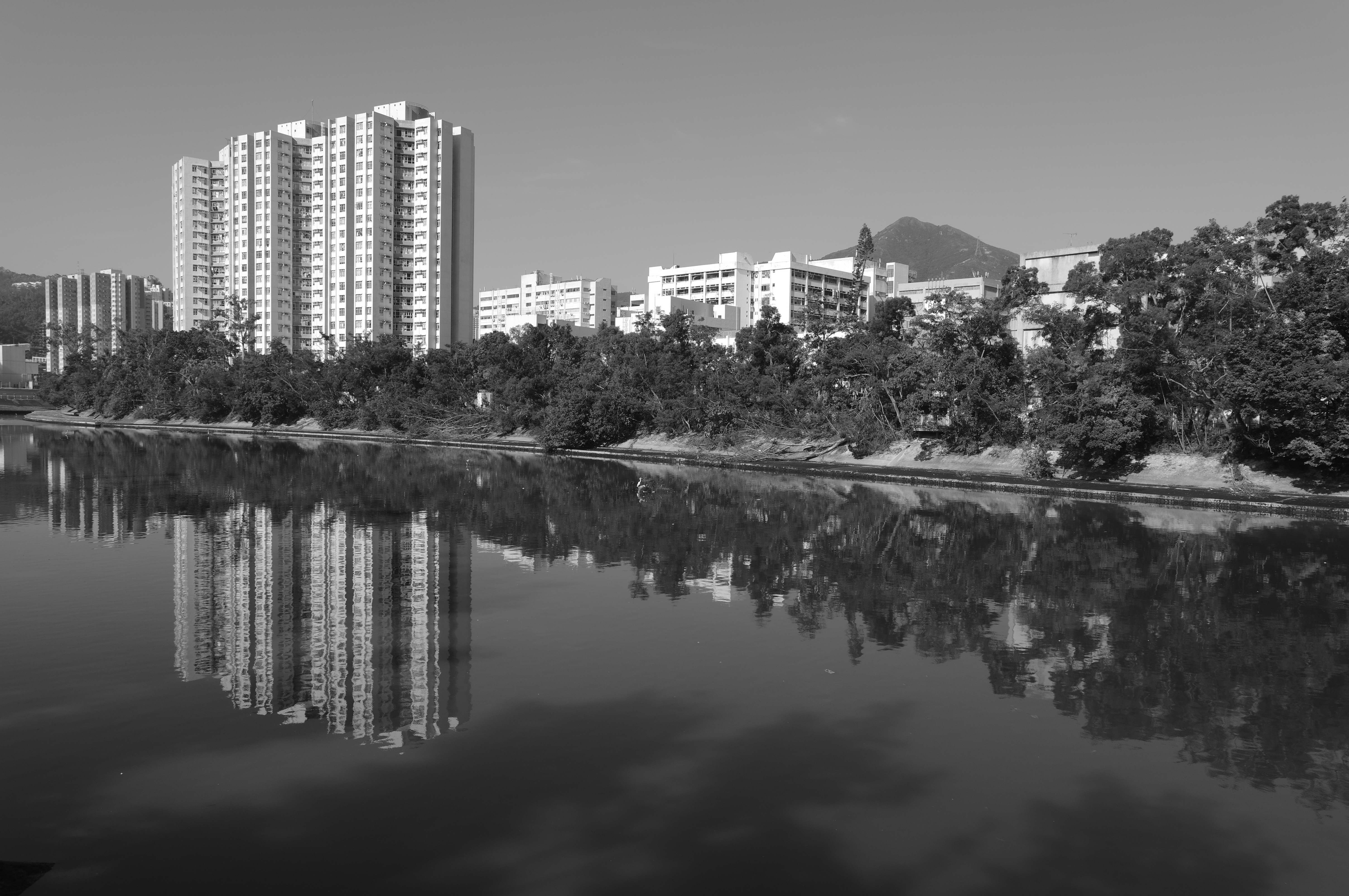 Monochrome cityscape with building reflections on calm water surface.