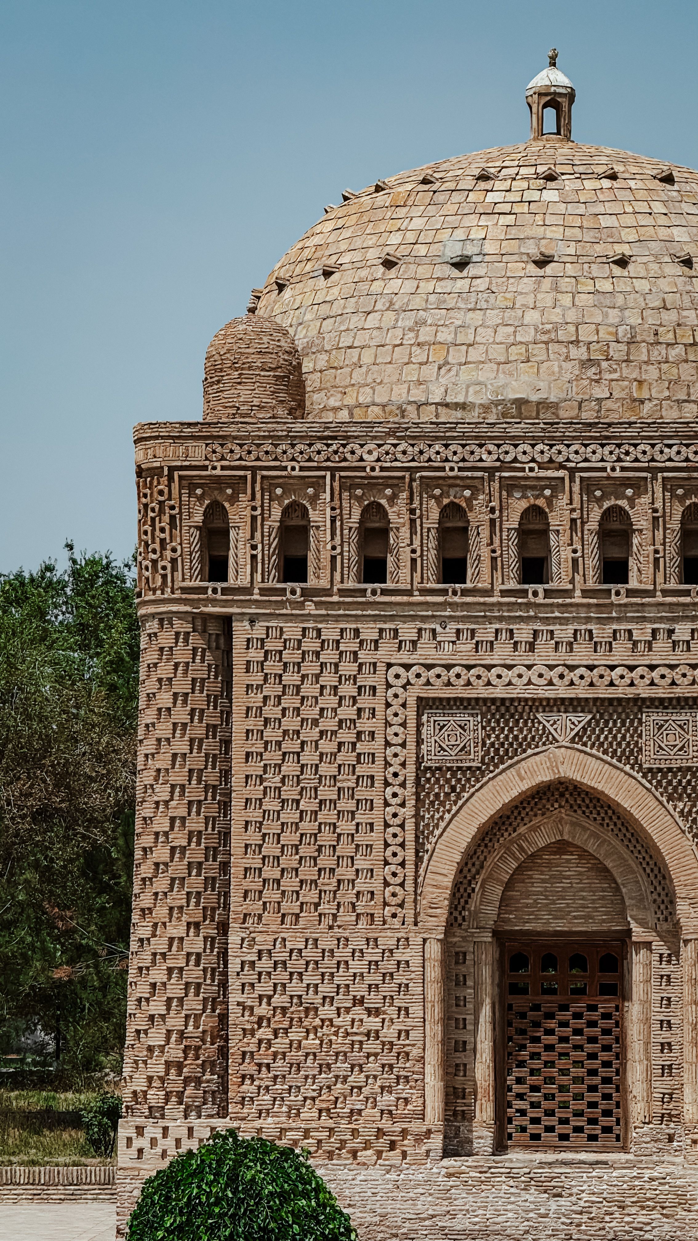 Stunning view of the Ismail Samani Mausoleum's intricate brickwork in Bukhara, Uzbekistan.