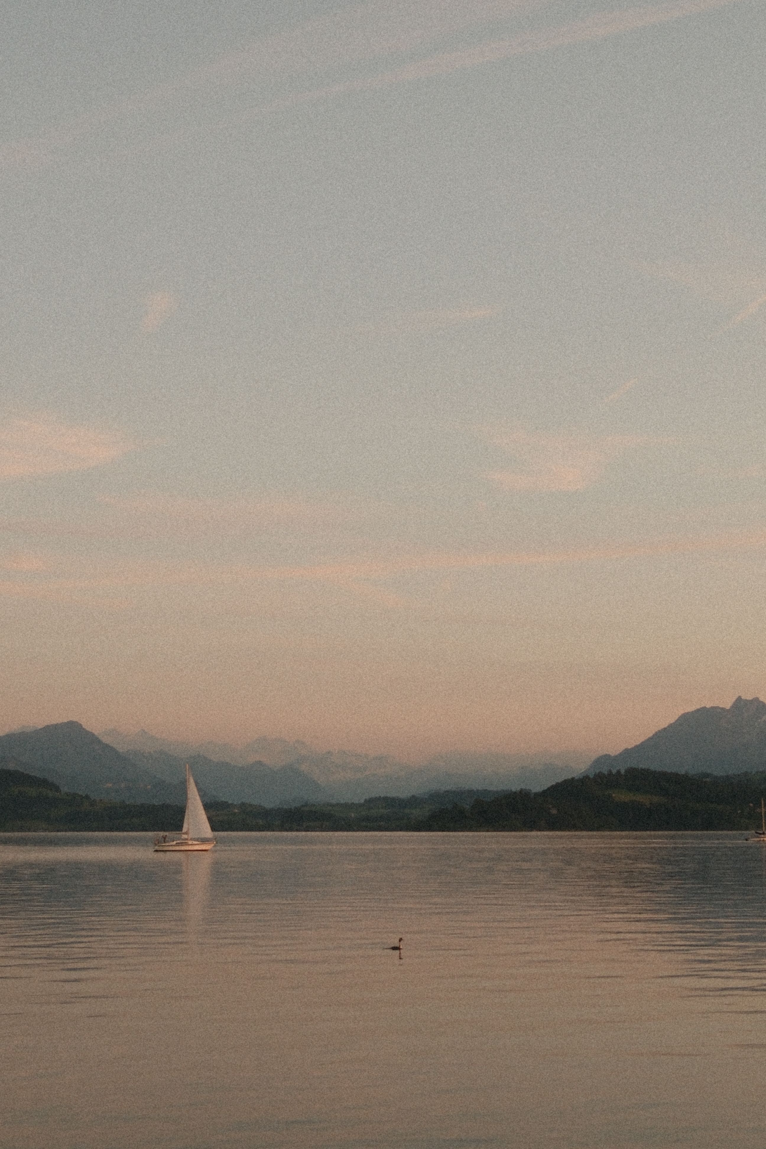 Tranquil scene of a sailboat on Lake Zug with mountains at sunset.